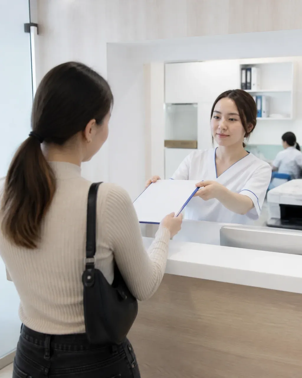 The clinic administrator gives the patient a treatment plan at the front desk