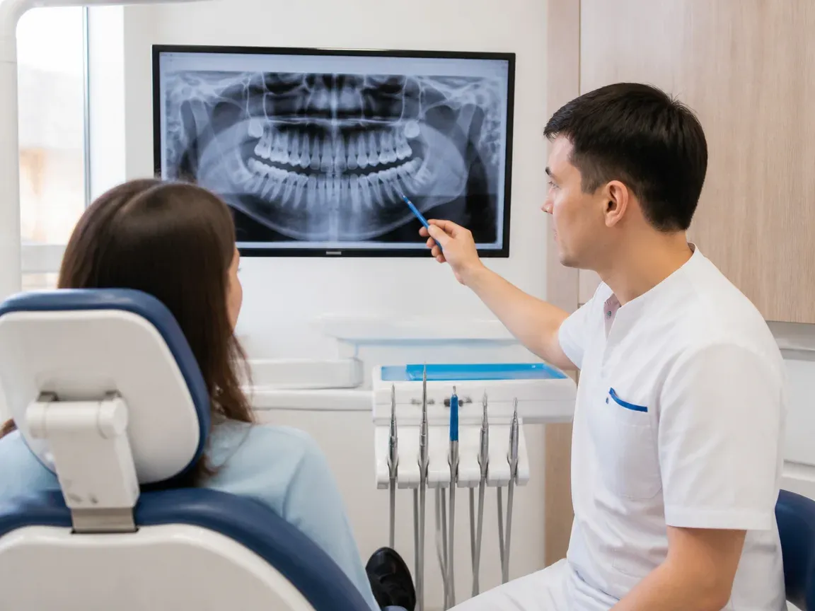Consultation: doctor and patient at a screen with an X-ray — illustration for the section "Examination and Diagnostics"