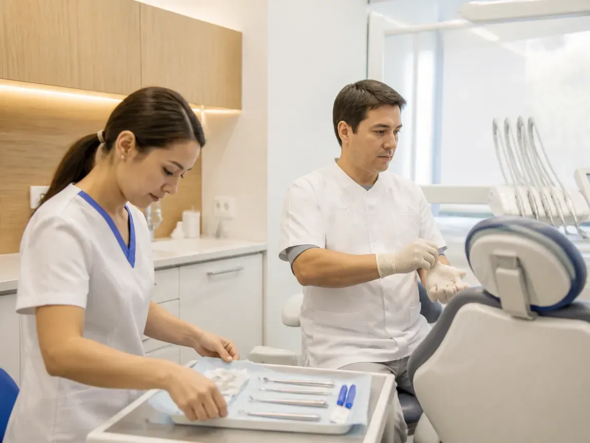 Preparation: the assistant lays out sterile instruments, the doctor puts on gloves — illustration for the section "Treatment Planning"