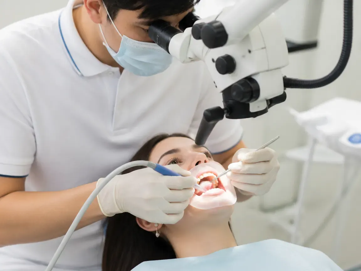 The treatment stage itself: the doctor's gloved hands working inside the oral cavity — an illustration for the section "Root canal treatment"