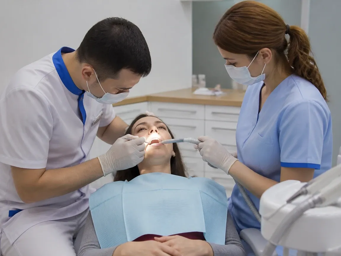 Follow-up visit: the doctor checks the result with a mirror while the assistant holds the saliva ejector — illustration for the "Surgical stage" section