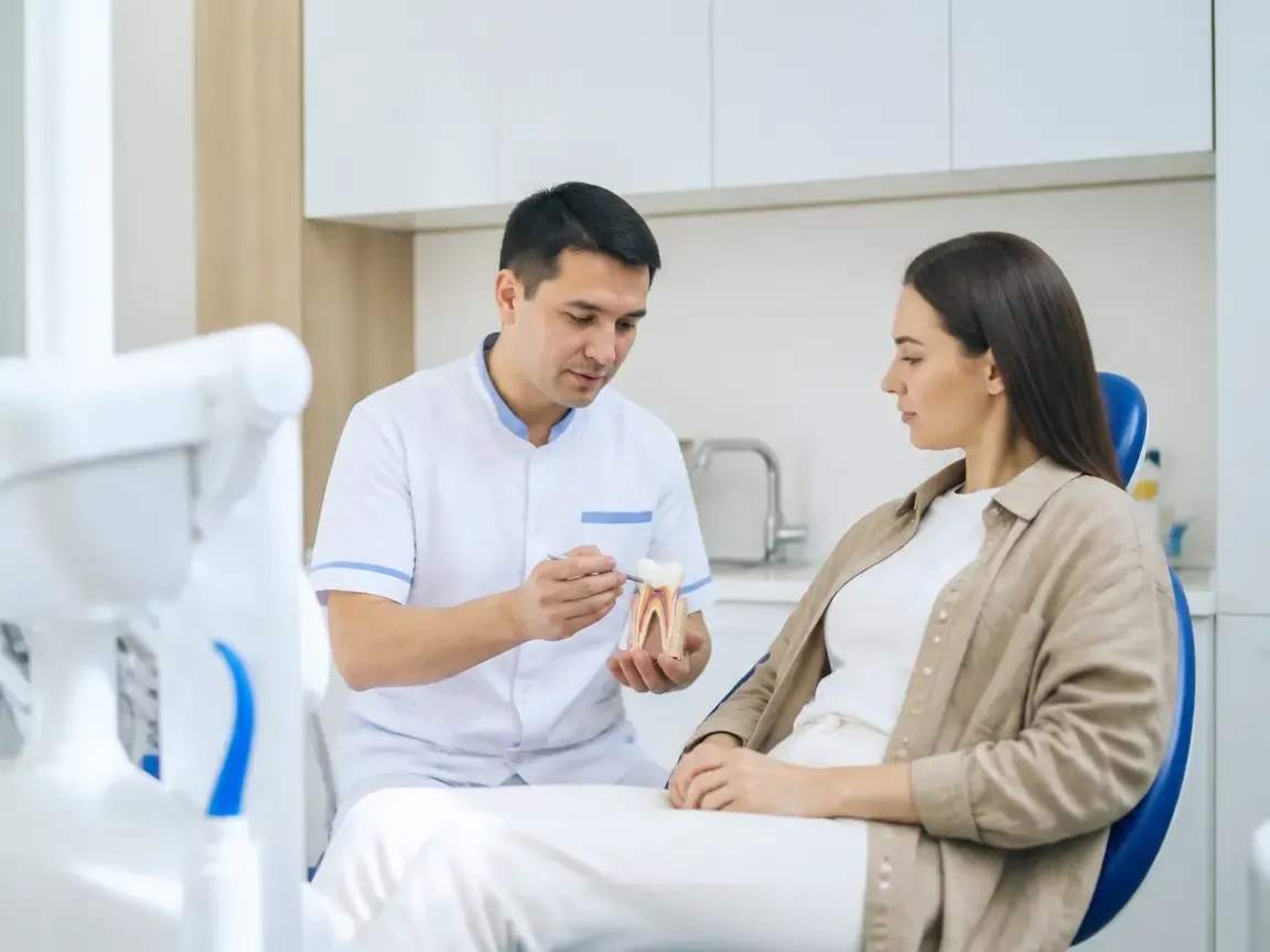 End of appointment: the doctor beside the patient goes over aftercare recommendations — illustration for the section "Tooth restoration"