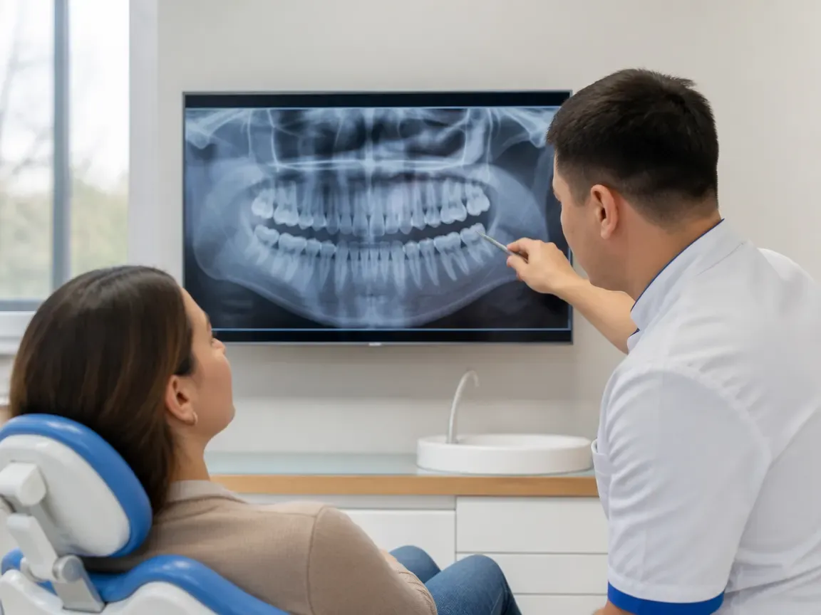Consultation: doctor and patient at a screen with an X-ray — illustration for the "Follow-up checkups" section