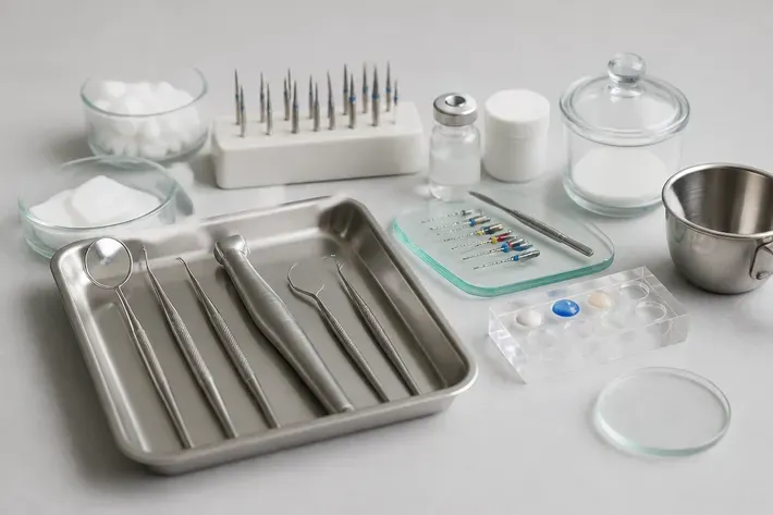 Instruments and materials used for this type of treatment, laid out on a light surface — an illustration for the section “What are the symptoms of a dental cyst”