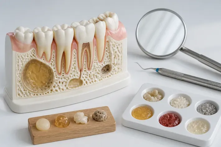 A jaw model and material samples on the dentist's table next to a mirror and probe — an illustration for the section "What types of dental cysts are there"