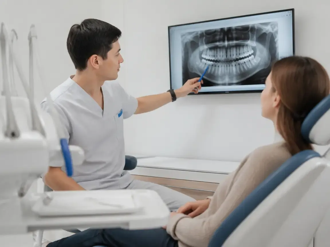 Consultation: doctor and patient at a screen with an X-ray — illustration for the section "Examination and Diagnostics"