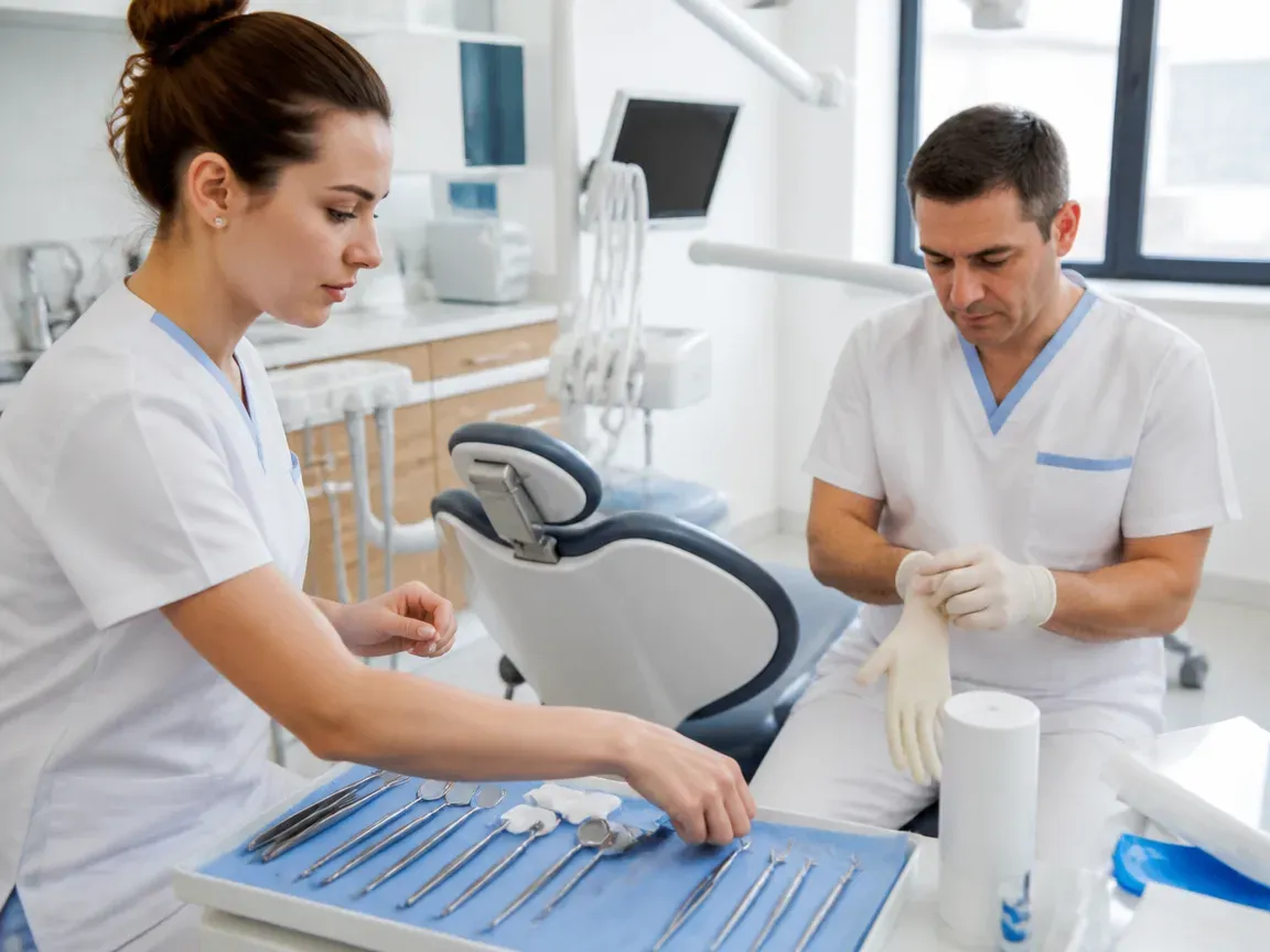 Preparation: the assistant lays out sterile instruments, the dentist puts on gloves — illustration for the section "Tooth preparation"