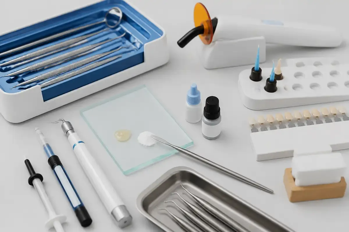 Tools and materials for this type of treatment, laid out on a light surface — an illustration for the "Restoration Materials" section