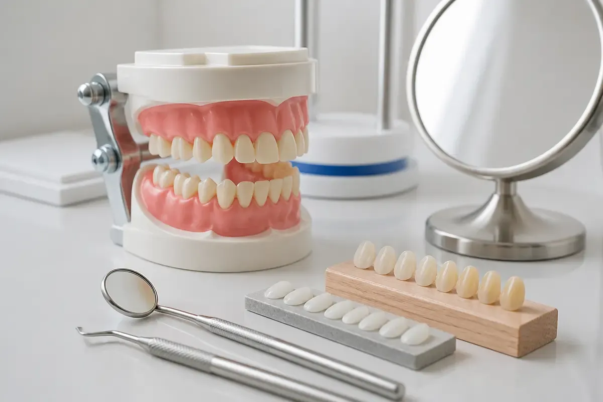 A jaw model and material samples on the dentist's table next to a mirror and probe — an illustration for the "Possible complications" section