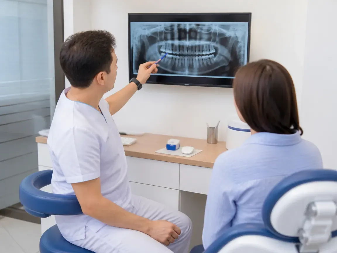 Consultation: doctor and patient at a screen with an X-ray — illustration for the section "Examination and Preparation"