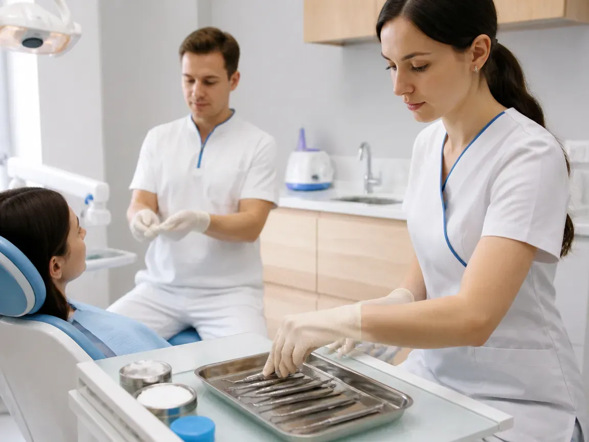 Preparation: the assistant lays out sterile instruments, the dentist puts on gloves — illustration for the Anesthesia section