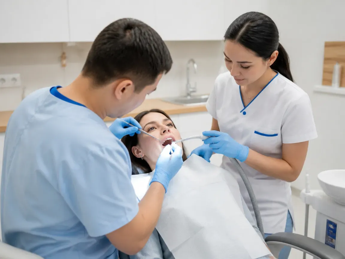 Follow-up visit: the dentist checks the result with a mirror while the assistant holds the saliva ejector — illustration for the "Postoperative period" section