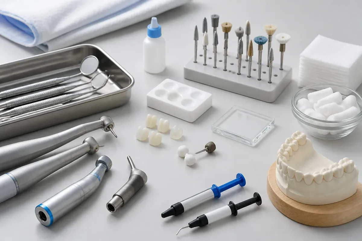 Instruments and materials for this type of treatment, laid out on a light-colored surface — an illustration for the section "Symptoms of exposed tooth neck"
