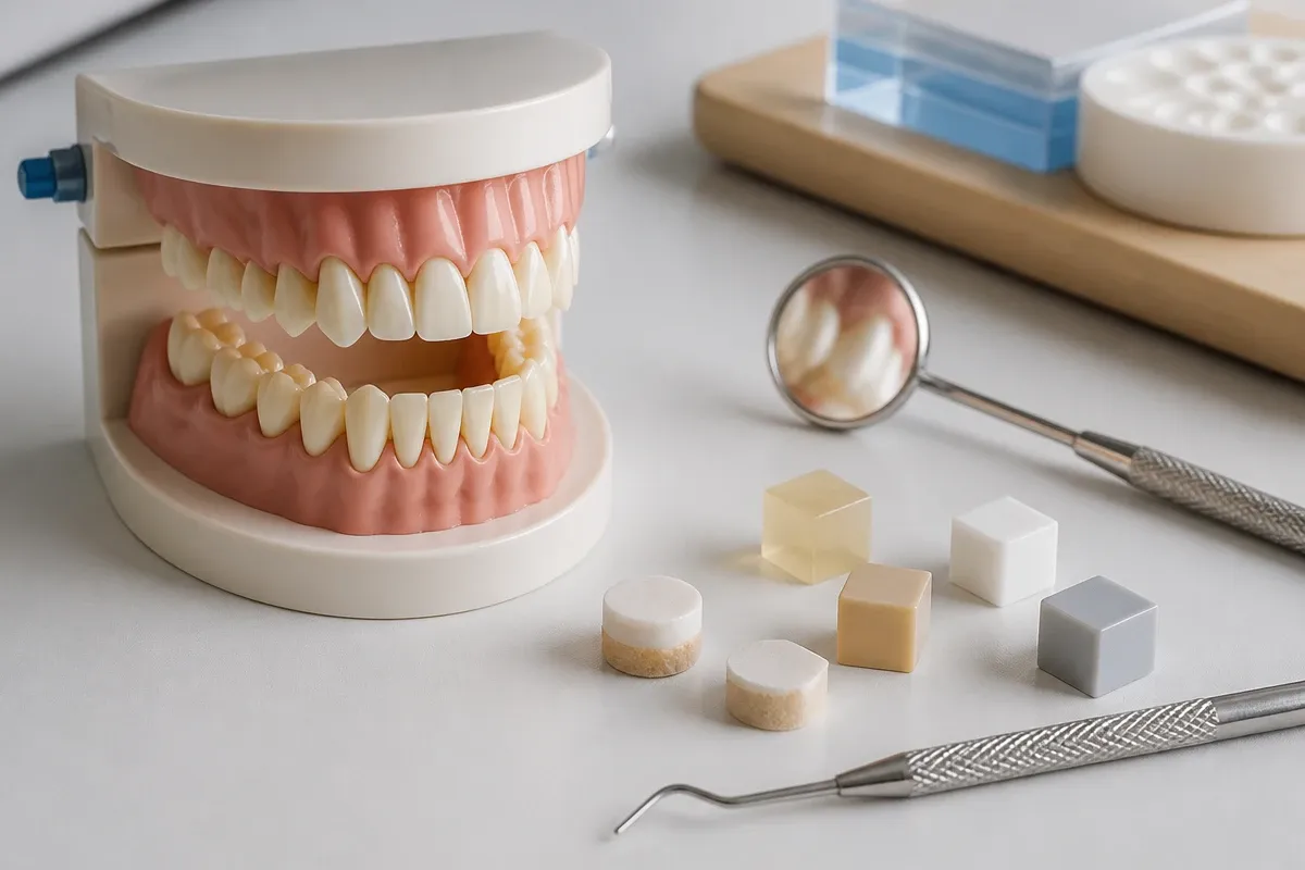 A jaw model and material samples on the dentist's table next to a mirror and probe — an illustration for the section "Complications from exposed tooth necks"