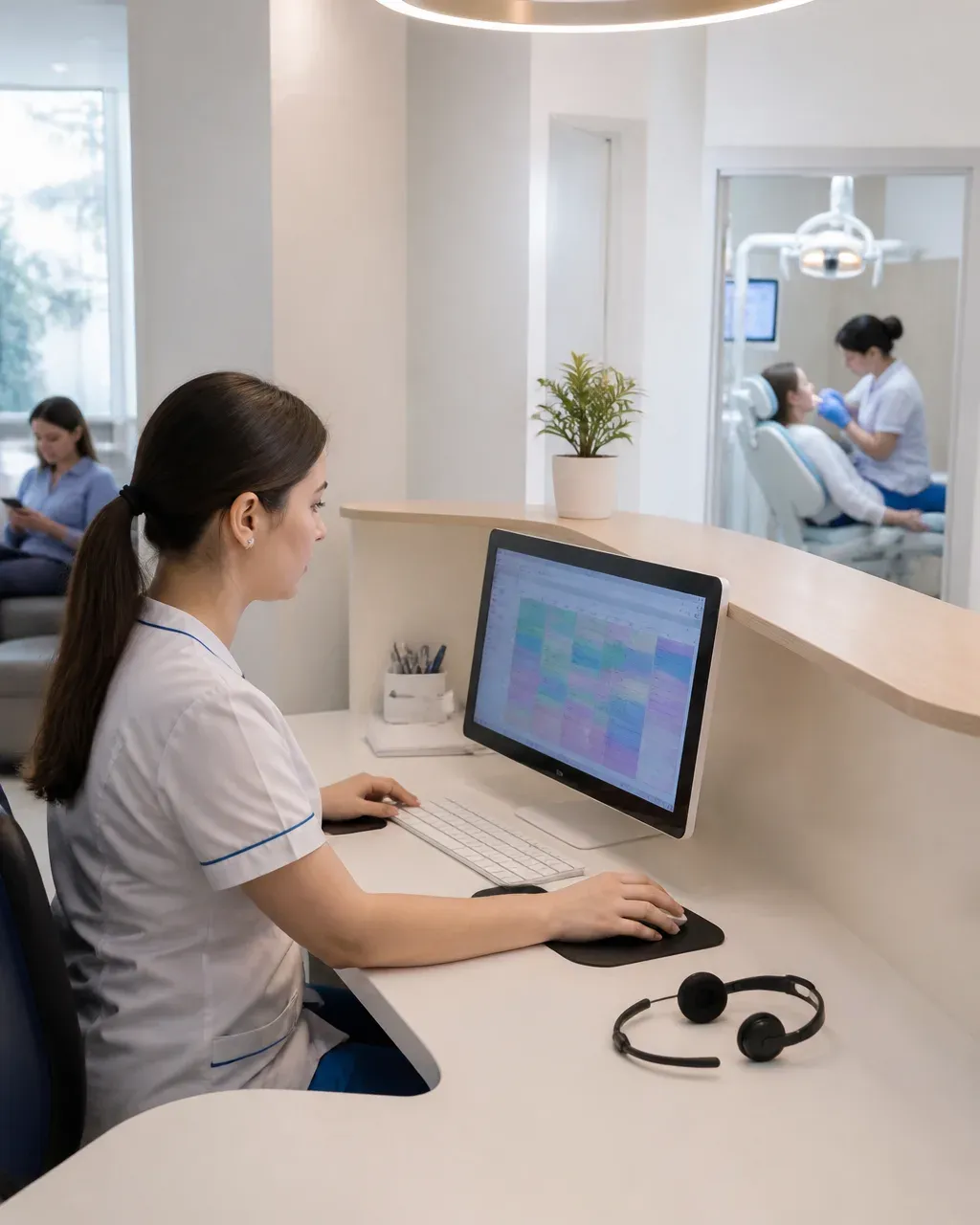 The clinic administrator answers patient messages at the front desk