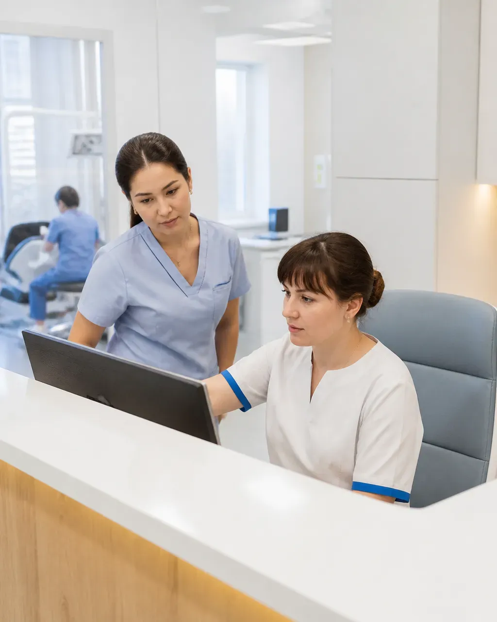 Clinic administrators check the appointment schedule on the screen at the front desk