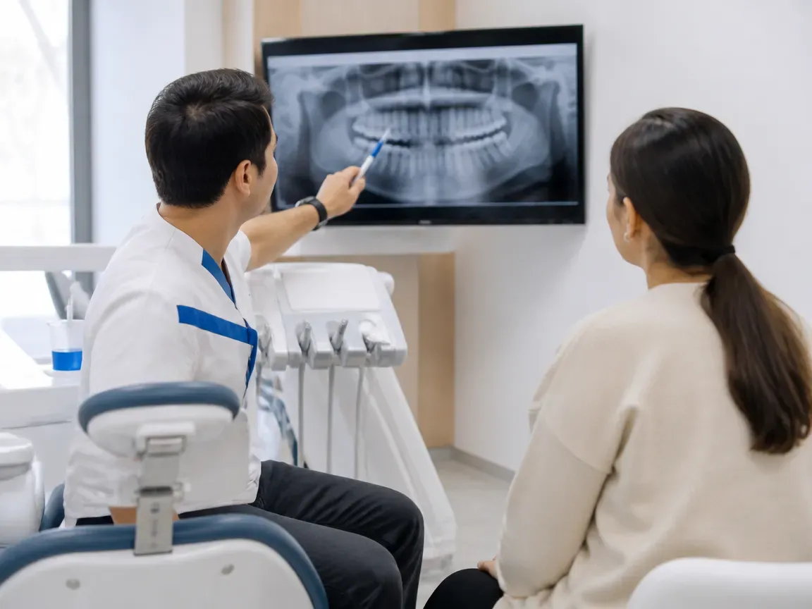 Consultation: doctor and patient at a screen with an X-ray — illustration for the section "How laser treatment of periodontal disease is performed"
