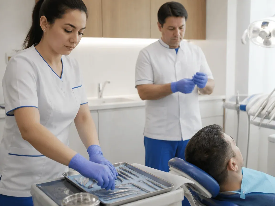 Preparation: the assistant lays out sterile instruments, the dentist puts on gloves — illustration for the section "Preparing for the procedure"