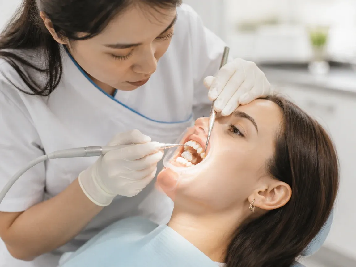 The treatment stage itself: the doctor's gloved hands working inside the oral cavity — an illustration for the section "What happens after the procedure"
