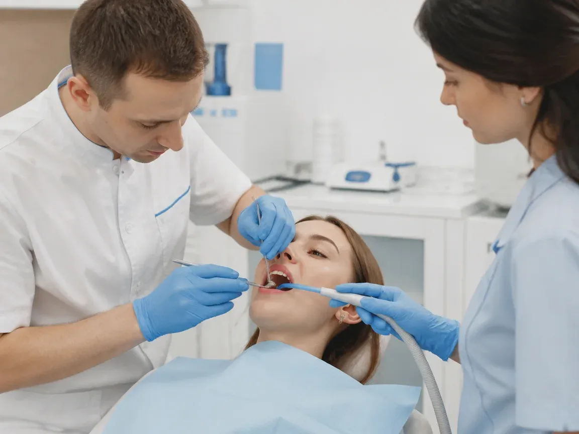 Follow-up visit: the dentist checks the result with a mirror while the assistant holds the saliva ejector — illustration for the section "How many visits are required"