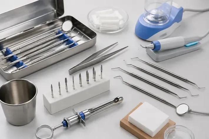 Tools and materials for this type of treatment laid out on a light surface — an illustration for the section "Which dental clinics in Astana treat periodontal disease"