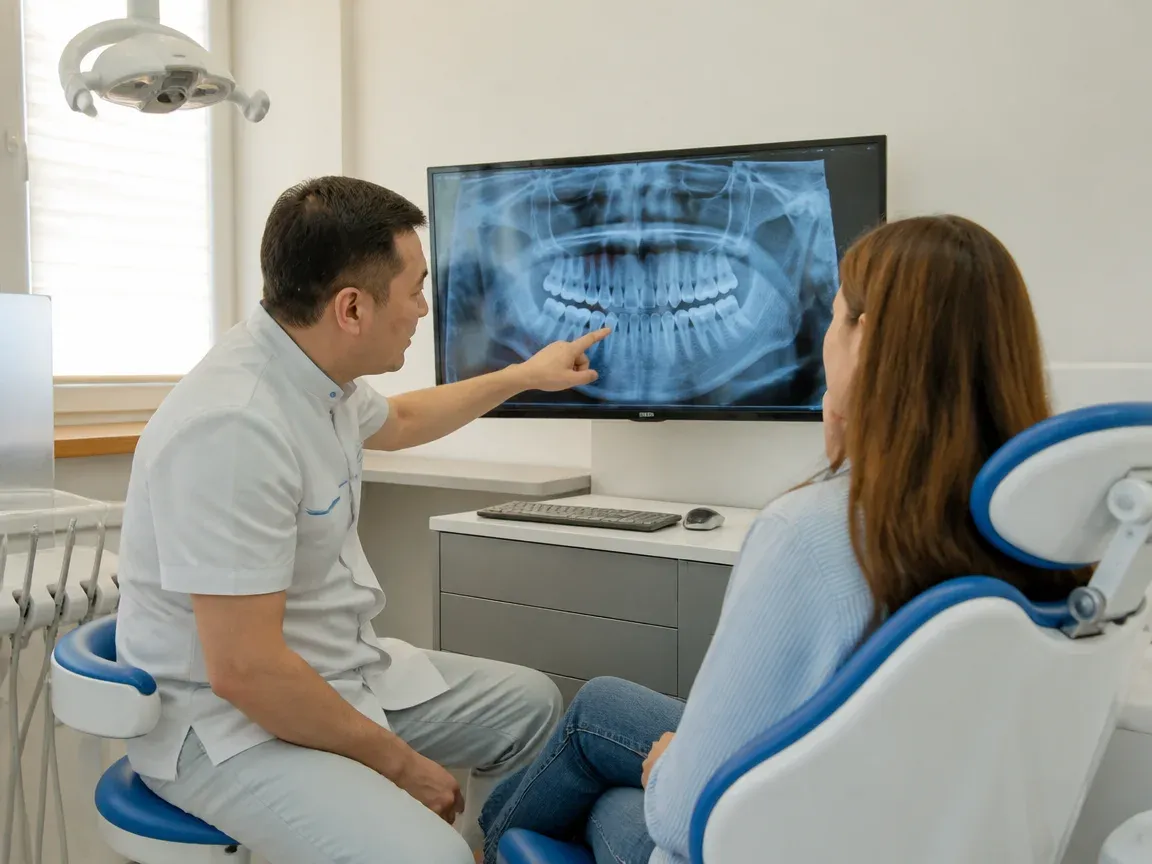 Consultation: doctor and patient at a screen with an X-ray — illustration for the section "Examination and Diagnostics"