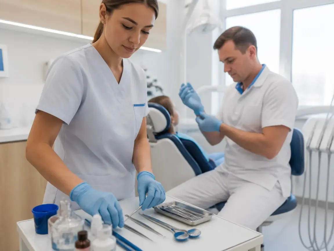 Preparation: the assistant lays out sterile instruments, the dentist puts on gloves — illustration for the section "Anesthesia and access to the canals"