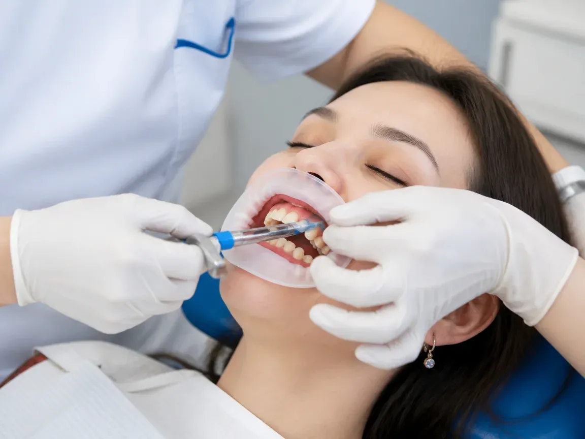 The treatment stage itself: the doctor's gloved hands working inside the oral cavity — an illustration for the section "Root canal treatment and obturation"