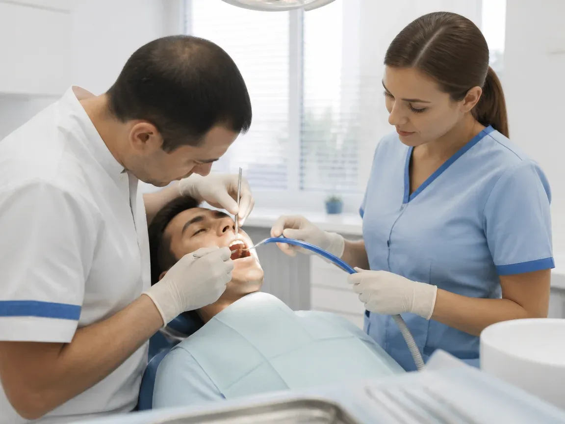 Follow-up visit: the doctor checks the result with a mirror while the assistant holds the saliva ejector — illustration for the section "Surgical stage if needed"
