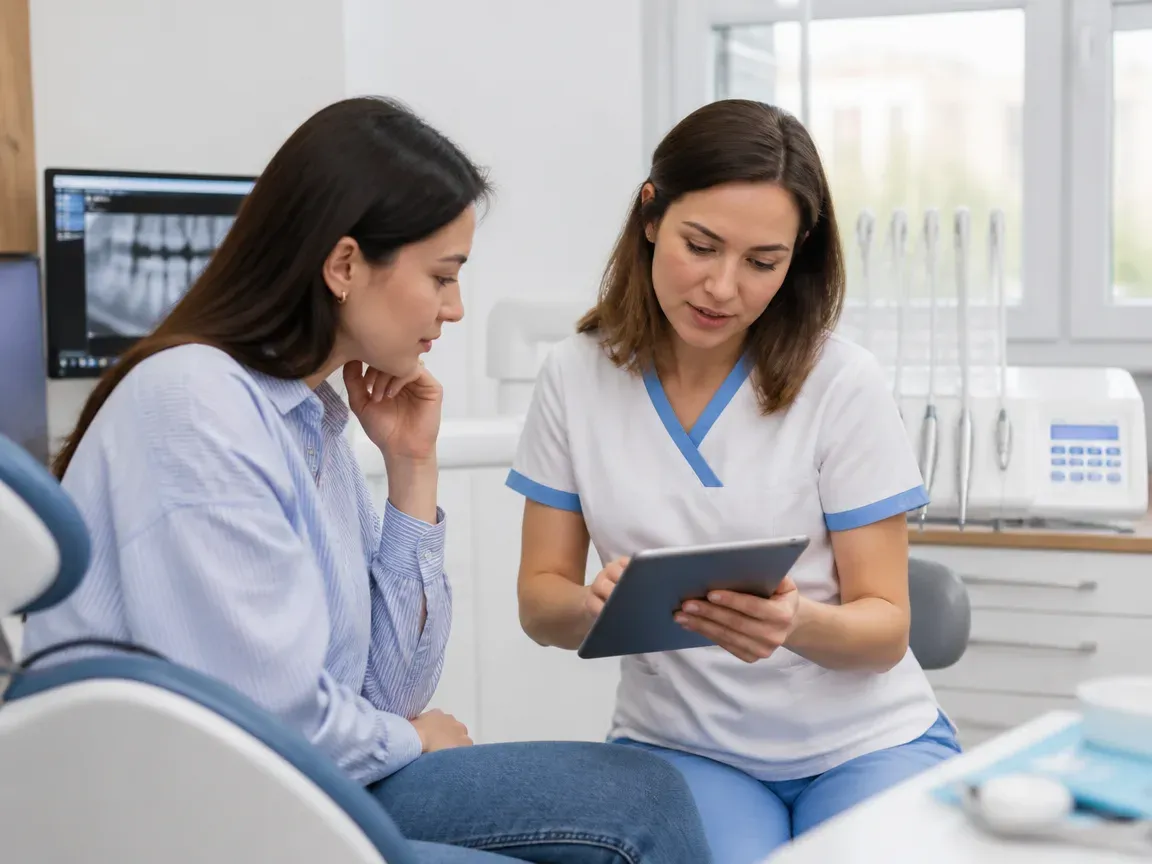 End of appointment: the doctor sits with the patient to go over aftercare instructions — illustration for the section "Tooth restoration and follow-up"