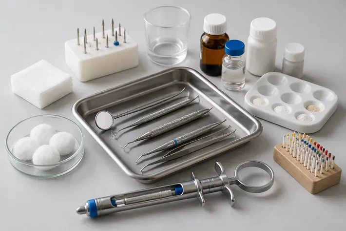 Instruments and materials for this type of treatment, laid out on a light surface — an illustration for the section "Acute periodontitis"