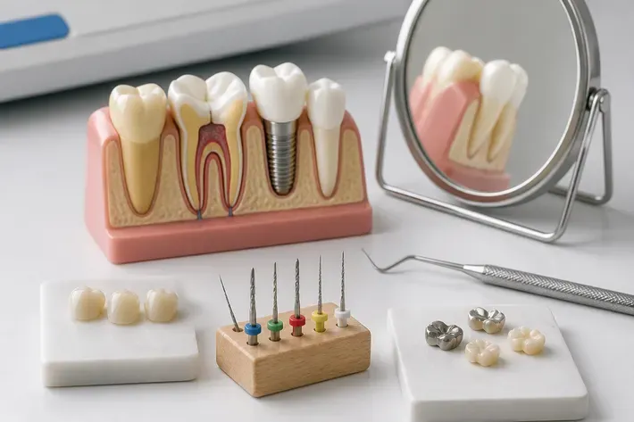 A jaw model and material samples on the dentist's table next to a mirror and probe — an illustration for the section "Exacerbation of a chronic process"