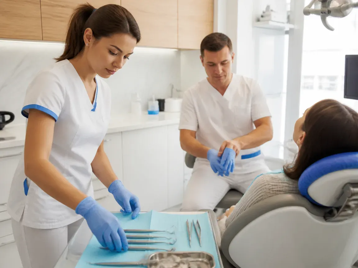 Preparation: the assistant lays out the sterile instruments, the doctor puts on gloves — an illustration for the section "Preparing for surgery"