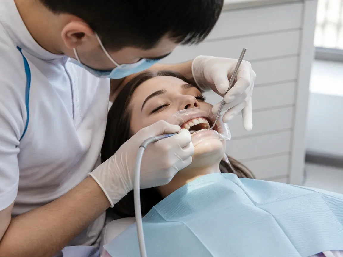 The treatment stage itself: the doctor's gloved hands working in the oral cavity — an illustration for the "Anesthesia" section