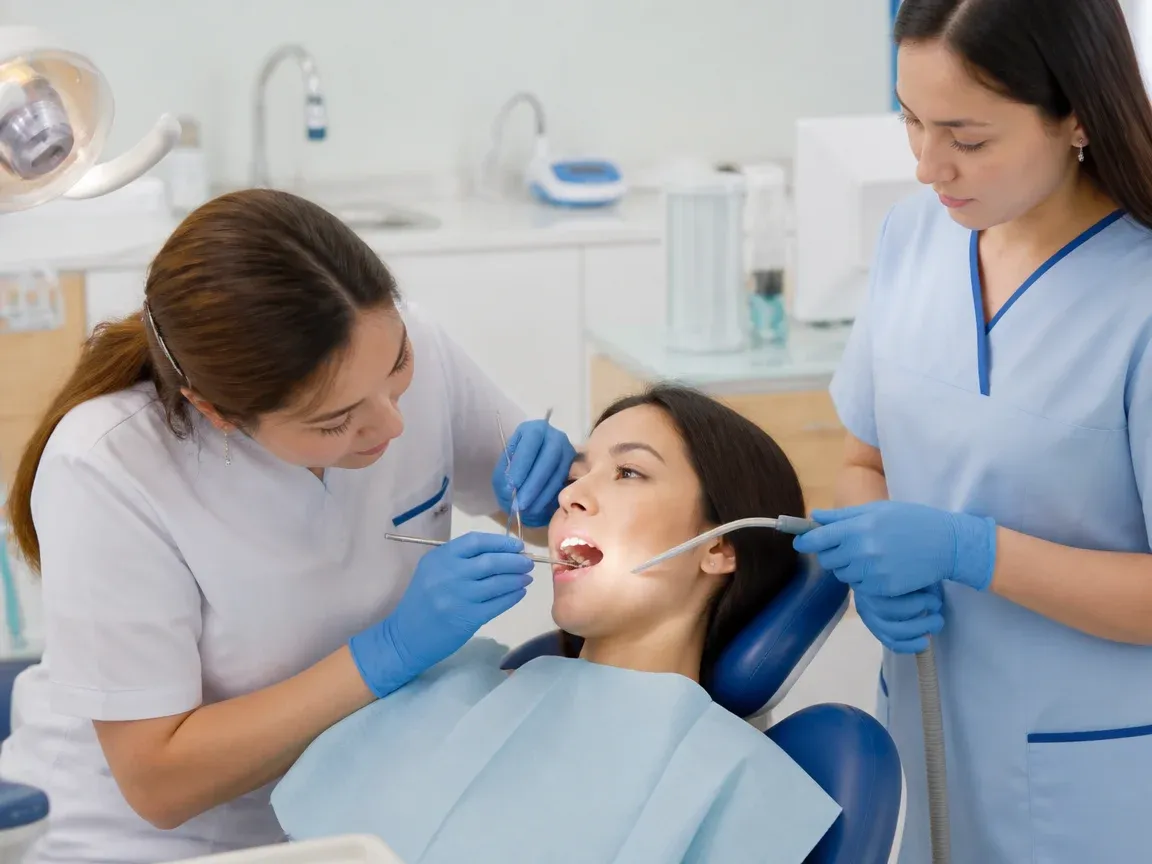 Follow-up visit: the dentist checks the result with a mirror while the assistant holds the saliva ejector — illustration for the "Procedure steps" section