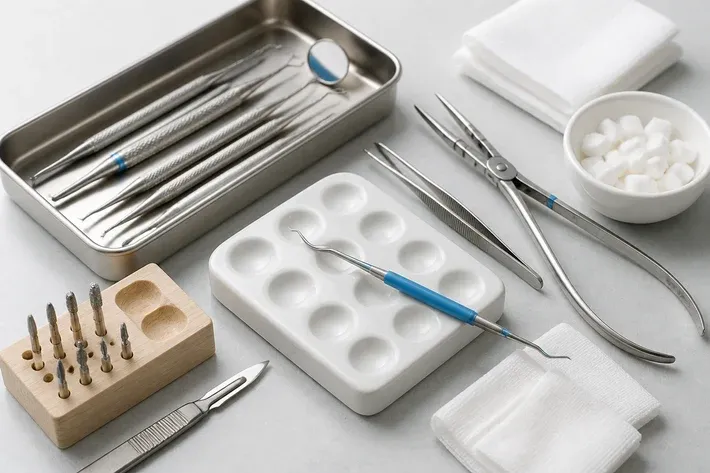 Instruments and materials for this type of treatment, laid out on a light surface — an illustration for the section "Correction of the gum margin in recession"