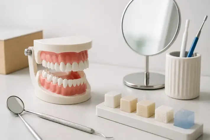 A jaw model and material samples on the dentist's table next to a mirror and probe — an illustration for the section "Excision of hypertrophied gingiva"