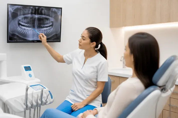 Doctor shows the patient an image on the screen and explains the treatment plan — illustration for the section "Gum correction around an implant"