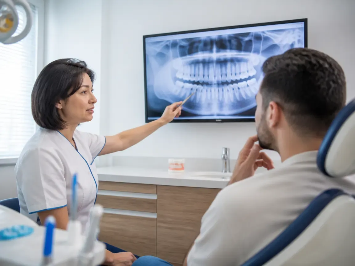 Consultation: doctor and patient at a screen with an X-ray — illustration for the section "How stomatitis is treated at a dental clinic"