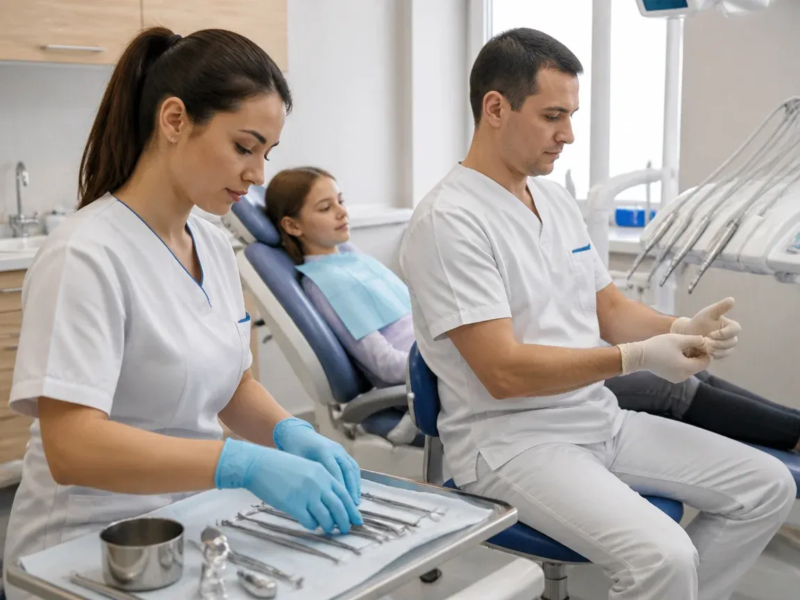 Preparation: the assistant lays out sterile instruments, the dentist puts on gloves — illustration for the section "How long does stomatitis treatment last"