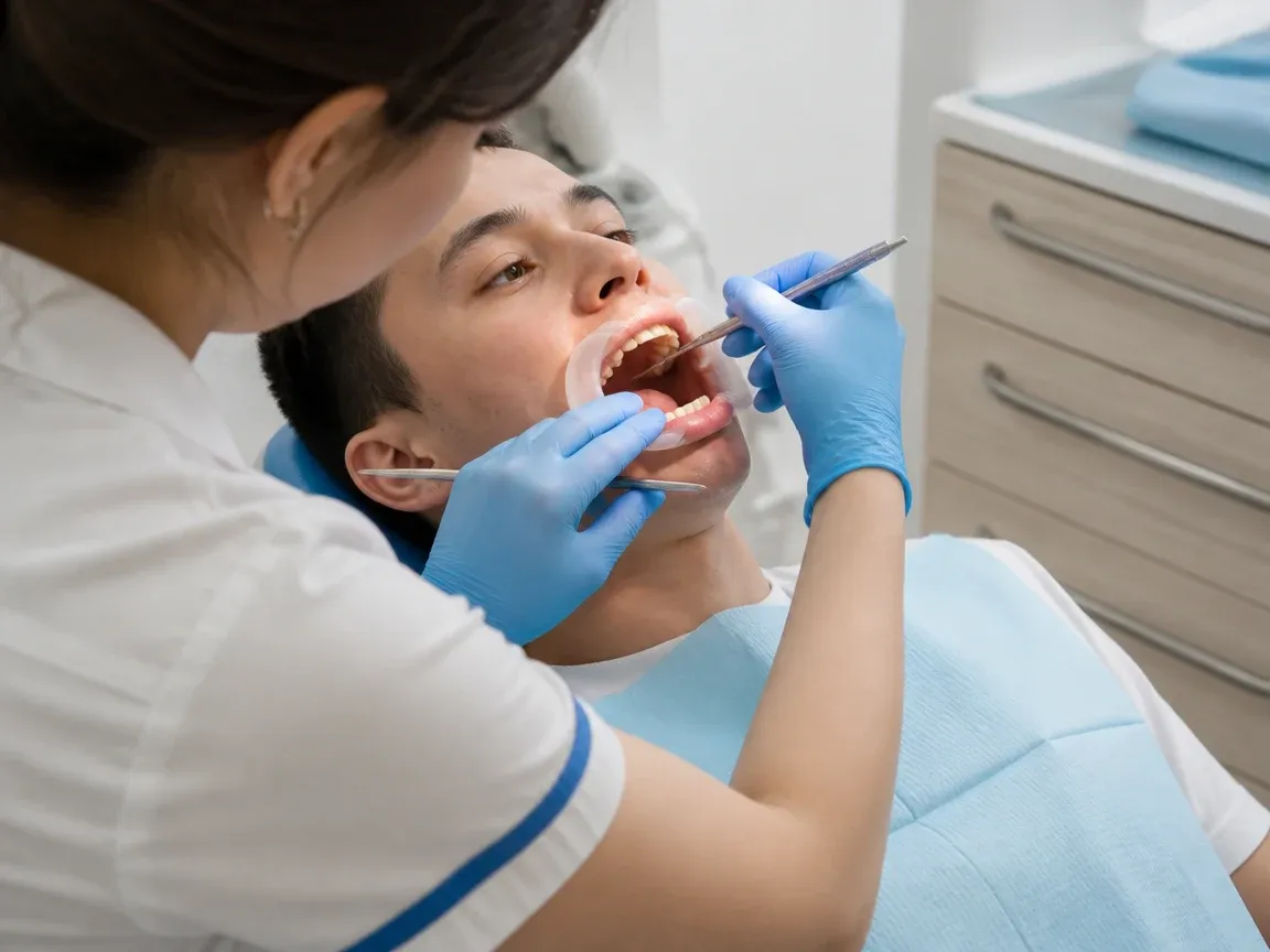 The treatment stage itself: the doctor's gloved hands working in the oral cavity — an illustration for the section "Diagnosis of stomatitis"