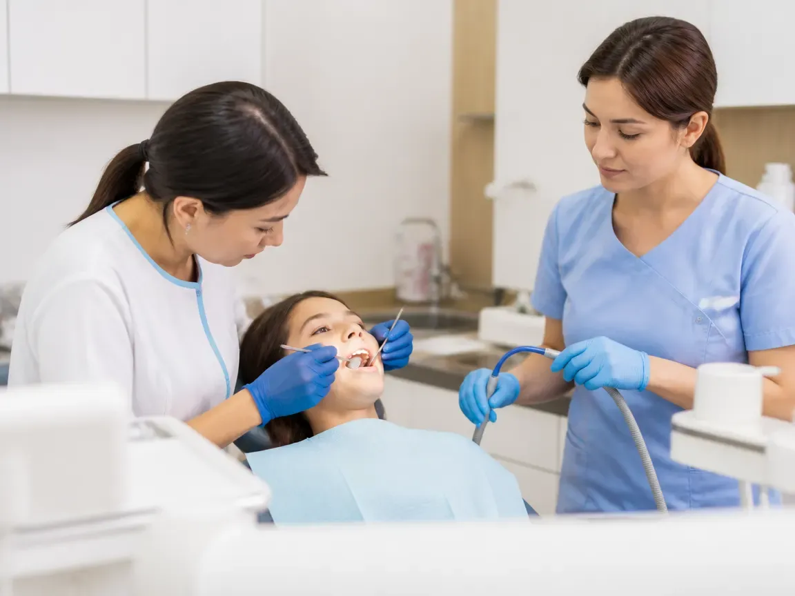 Follow-up visit: the dentist checks the result with a mirror while the assistant holds the saliva ejector — illustration for the section "Professional oral hygiene"