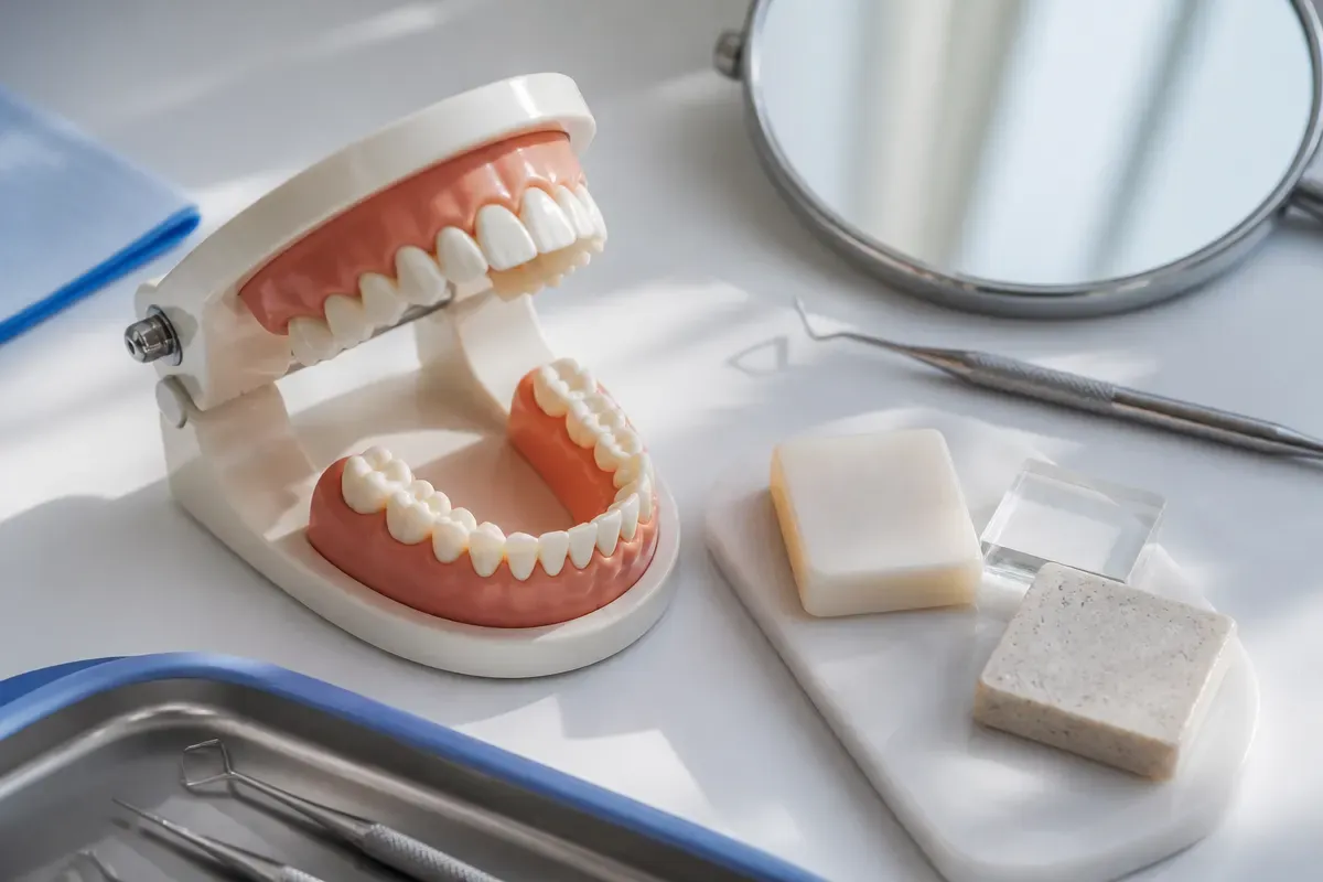 A jaw model and material samples on the dentist's table next to a mirror and probe — an illustration for the section "What complications can occur with stomatitis"
