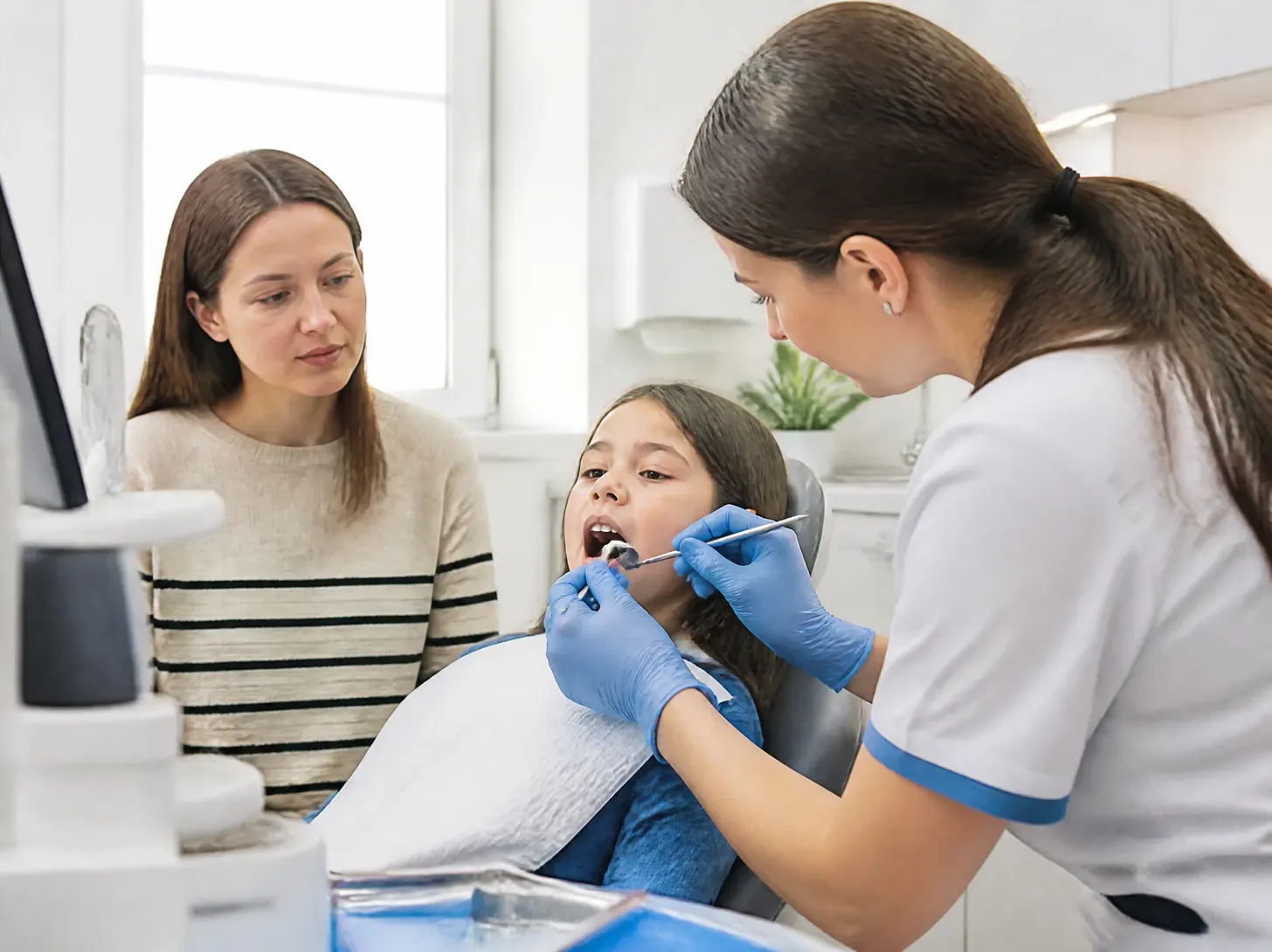 treatment of stomatitis — doctor shows the patient a treatment plan on a screen in a bright office
