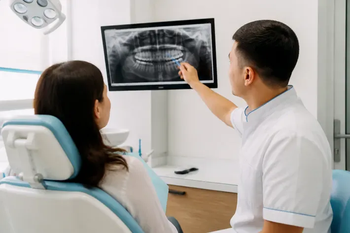 Doctor shows the patient an image on the screen and explains the treatment plan — illustration for the "Periodontal Treatment" section