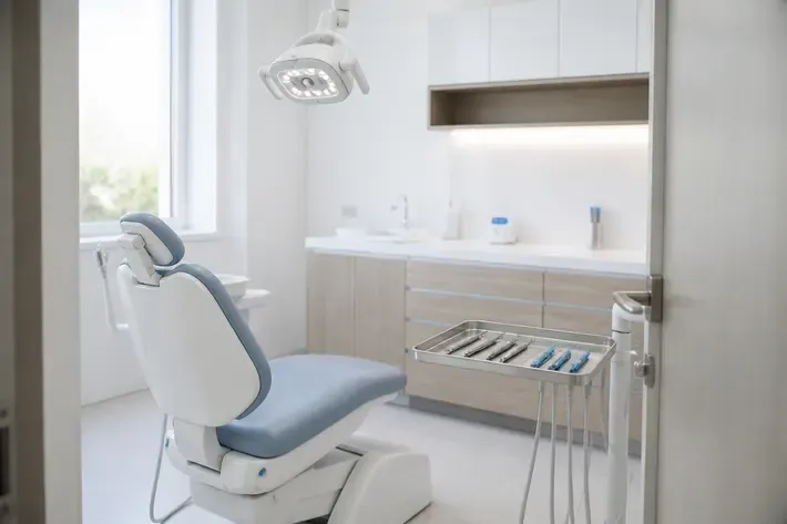 A treatment room prepared for an appointment: dental chair, lamp, and a tray of instruments — an illustration for the "Tooth Extraction" section