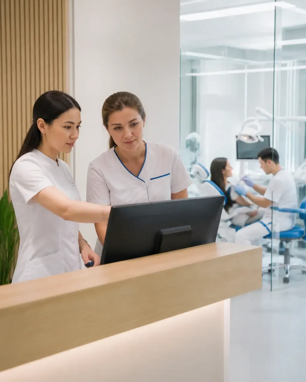 Clinic administrators check the appointment schedule on the screen at the front desk