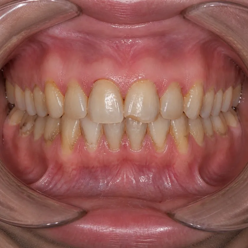 Microscope-assisted dental treatment — pre-treatment condition in a clinical photograph