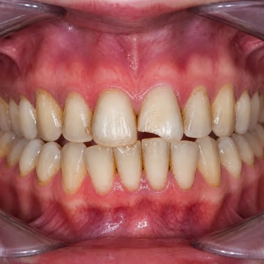 Microscope-assisted dental treatment — pre-treatment condition in a clinical photograph