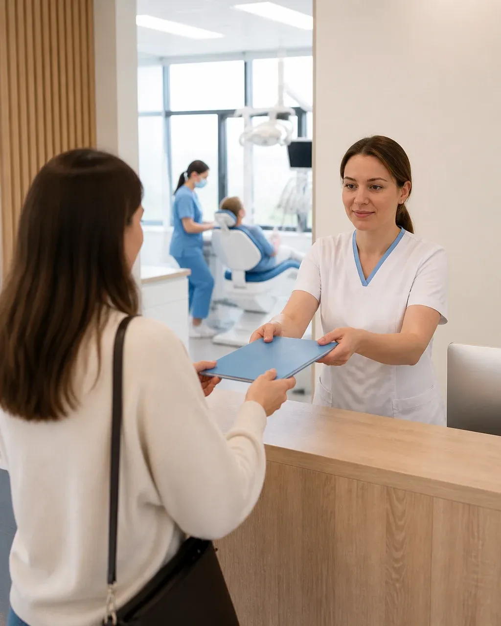 The clinic administrator gives the patient a treatment plan at the front desk